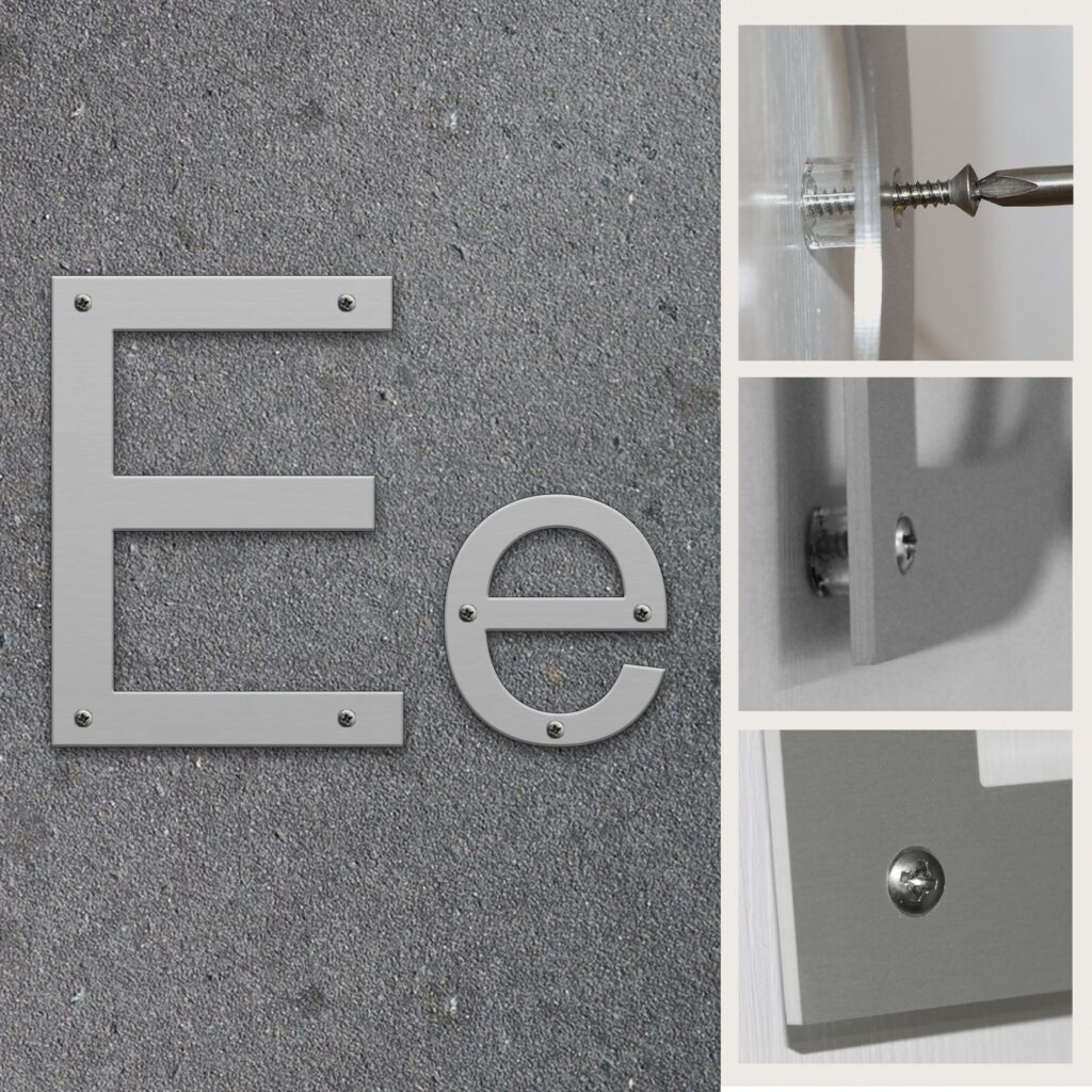 Fasadbokstav E i Aluminium med skruvhål