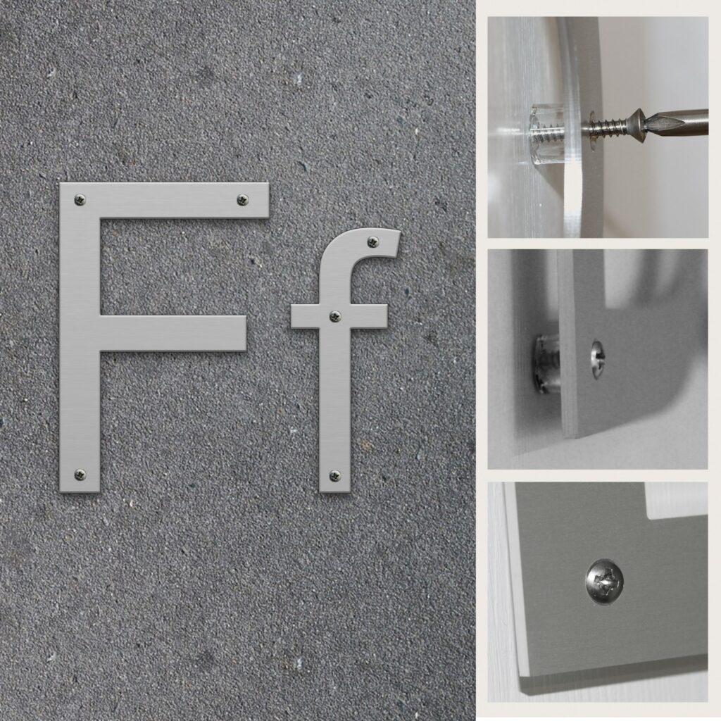 Fasadbokstav F i Aluminium med skruvhål