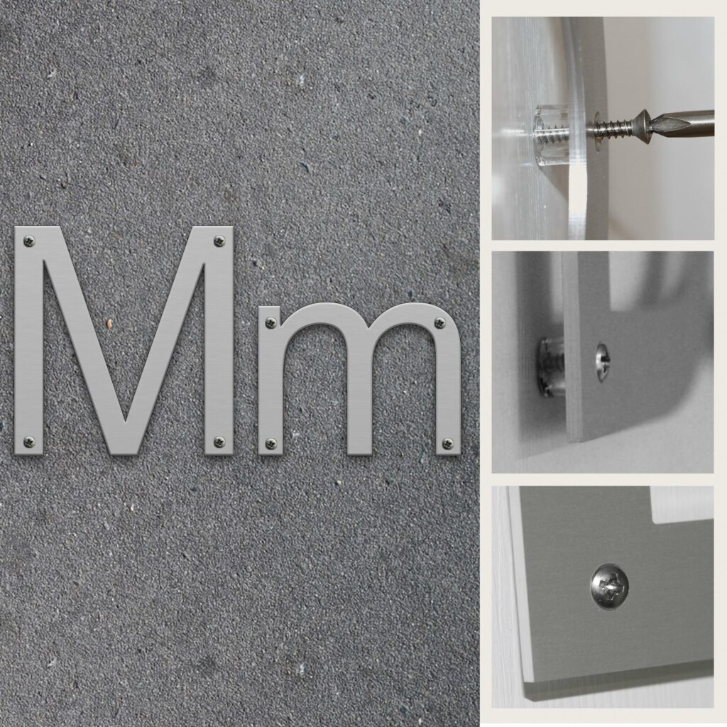 Fasadbokstav M i Aluminium med skruvhål