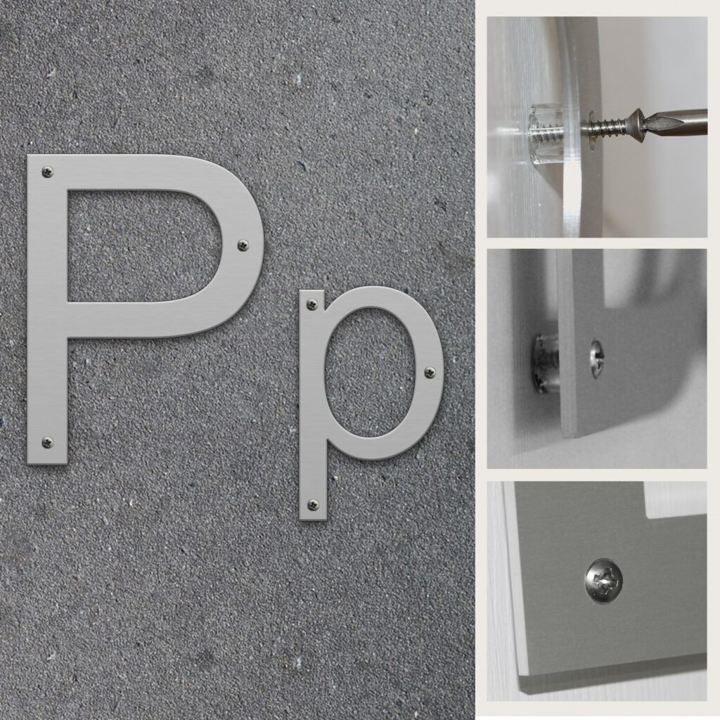 Fasadbokstav P i Aluminium med skruvhål