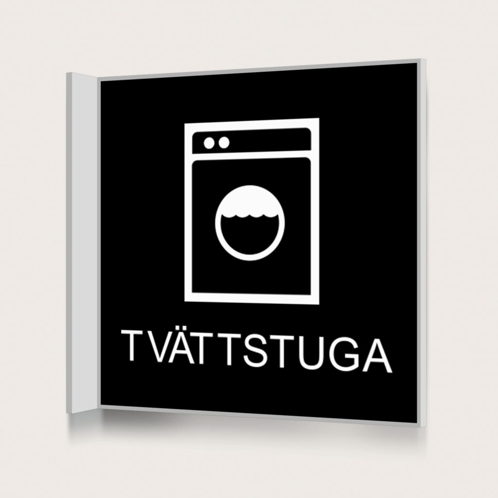 Flaggskylt Tvättstuga Svart 150 x 150 mm