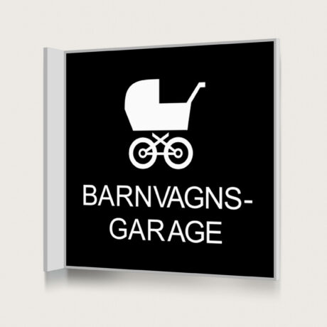 En svart flaggskylt för barnvagnsgarage