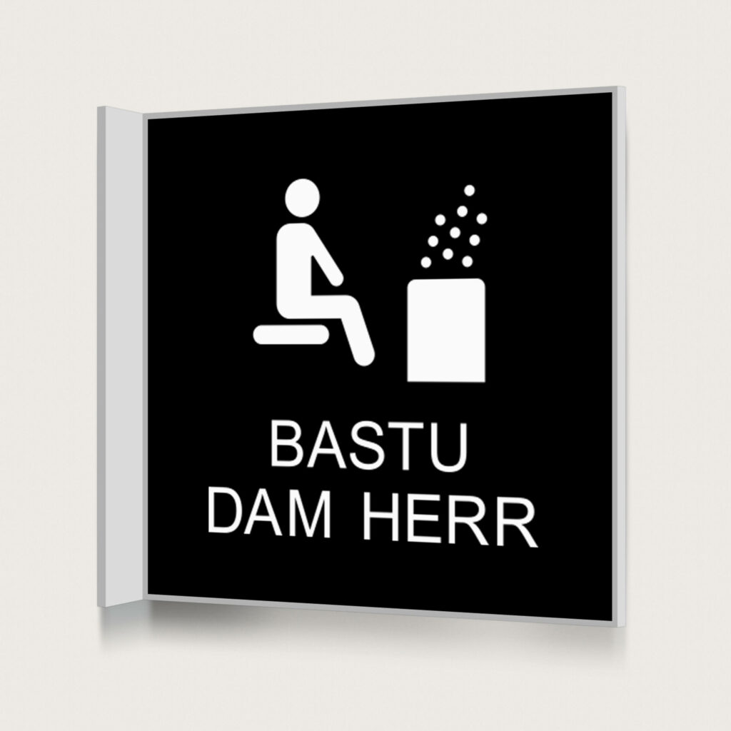 En svart flaggskylt för Bastu Dam Herr