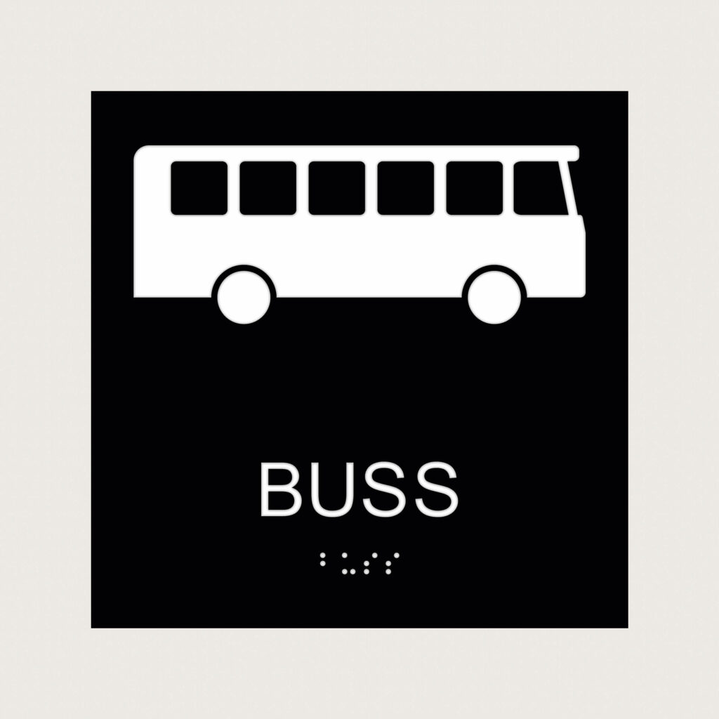 Taktilt Piktogram med text Buss svart raka hörn