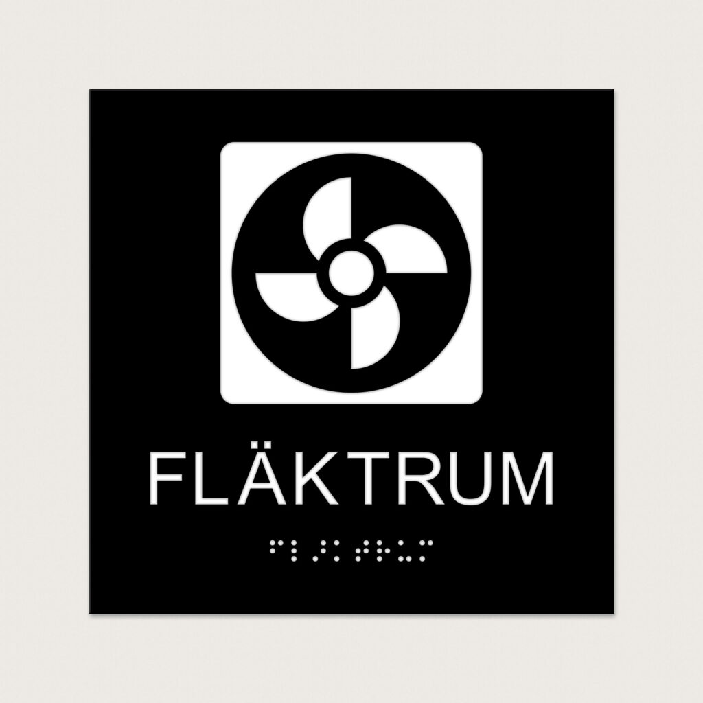 Taktilt Piktogram med text Fläktrum svart raka hörn