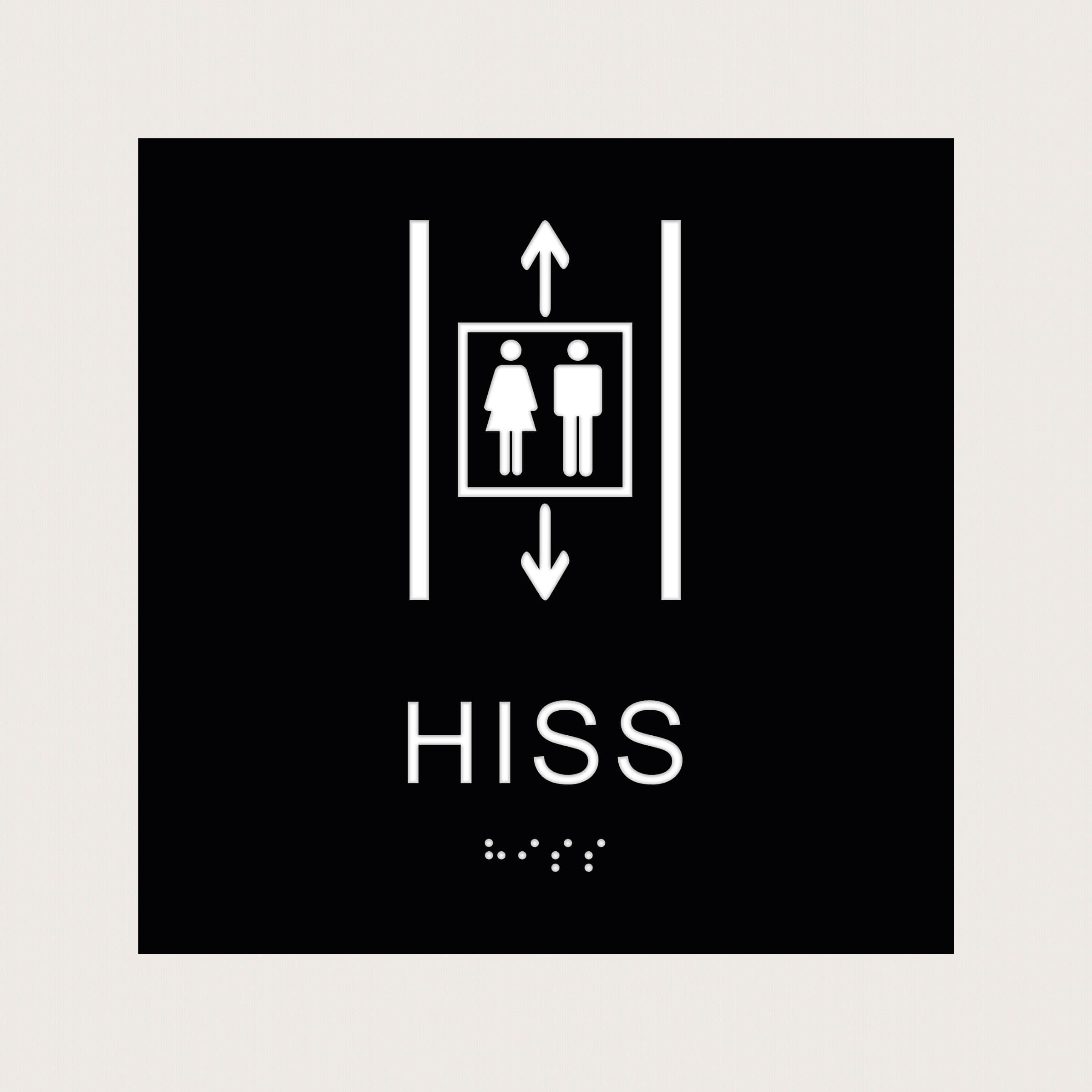 Taktilt Piktogram med text Hiss svart raka hörn