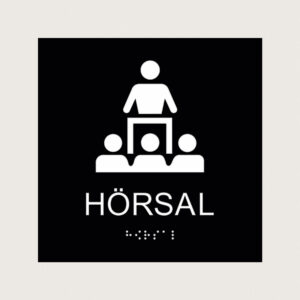 Taktilt Piktogram med text Hörsal svart raka hörn