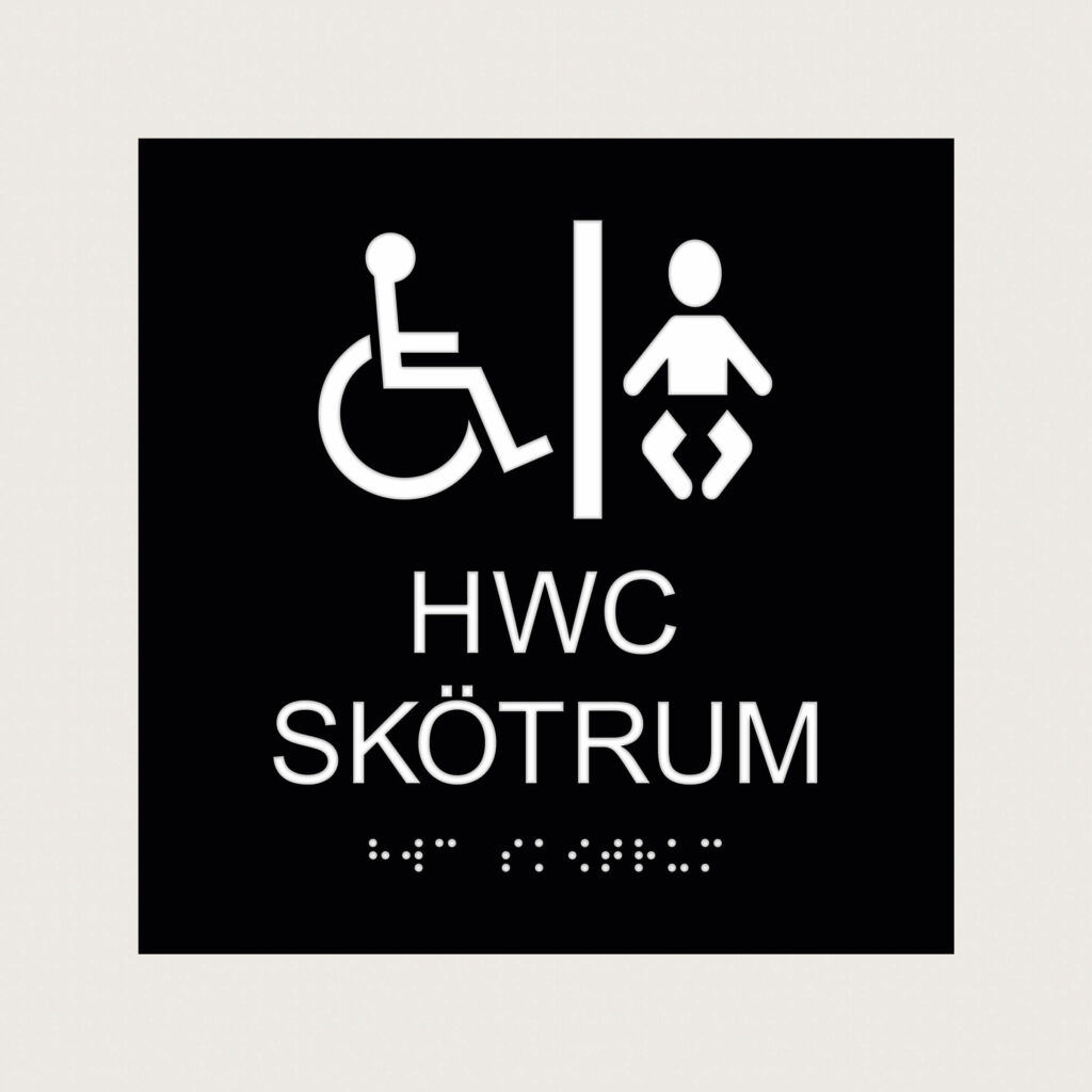 Taktilt Piktogram med text HWC Skötrum svart raka hörn