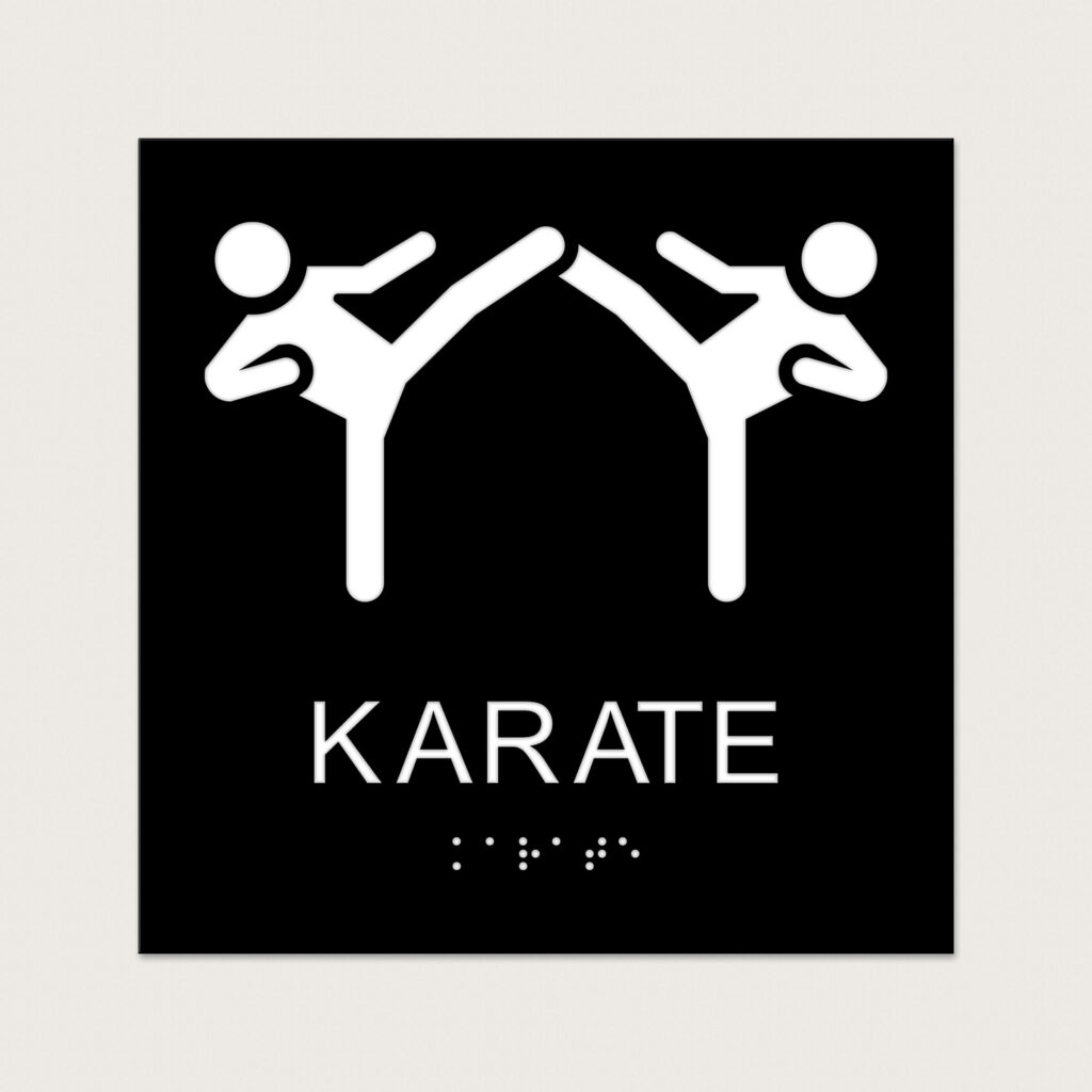 Taktilt Piktogram med text Karate svart raka hörn