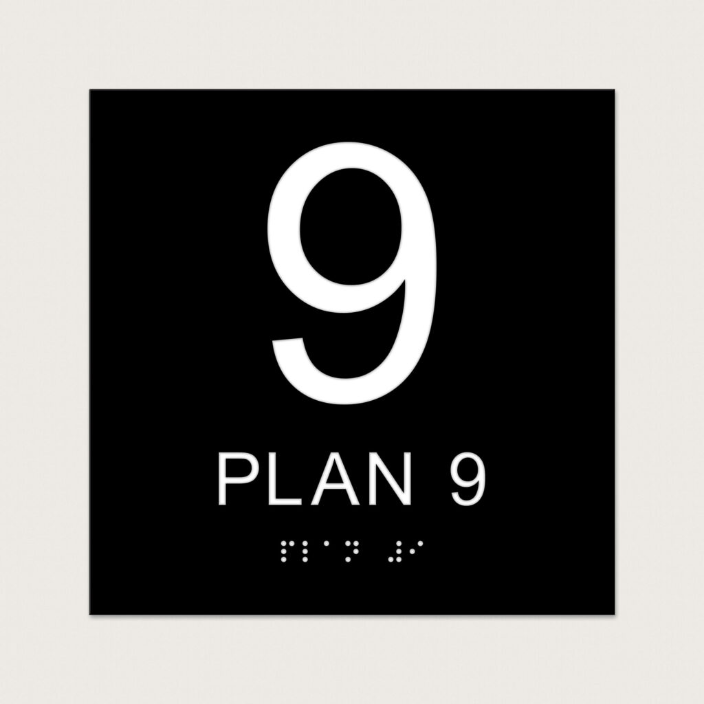 Taktilt Piktogram med text Plan 9 svart raka hörn