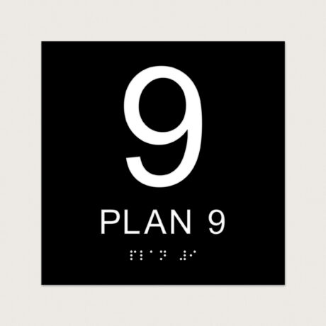 Taktilt Piktogram med text Plan 9 svart raka hörn
