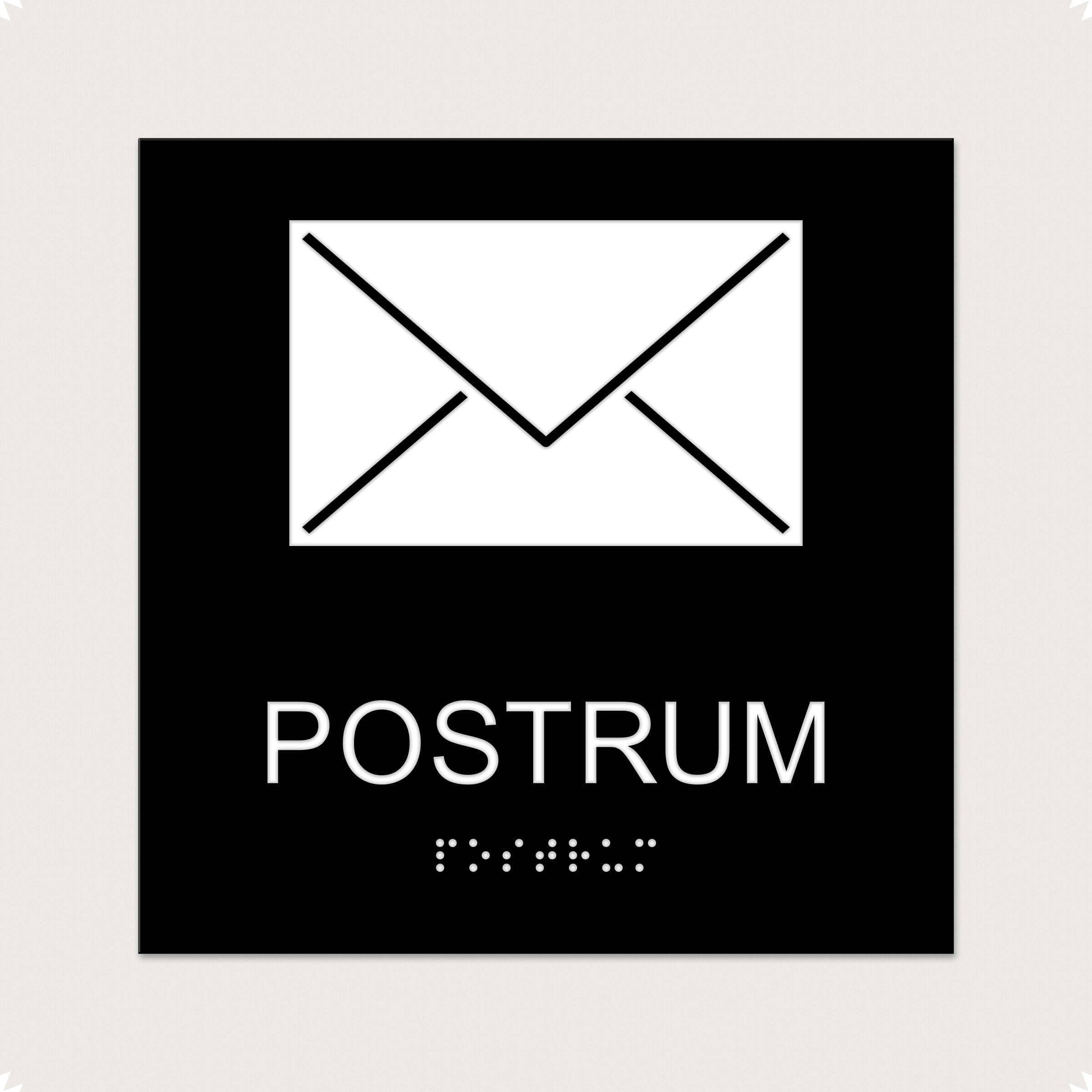 Taktilt Piktogram med text Postrum svart raka hörn