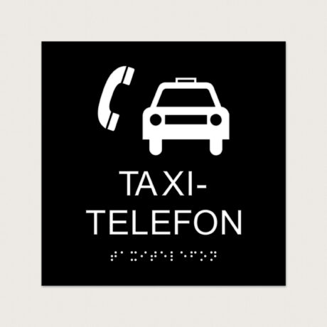 Taktilt Piktogram med text Taxitelefon svart raka hörn