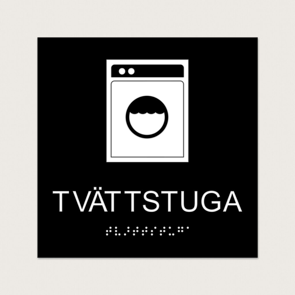 Taktilt Piktogram med text Tvättstuga svart raka hörn