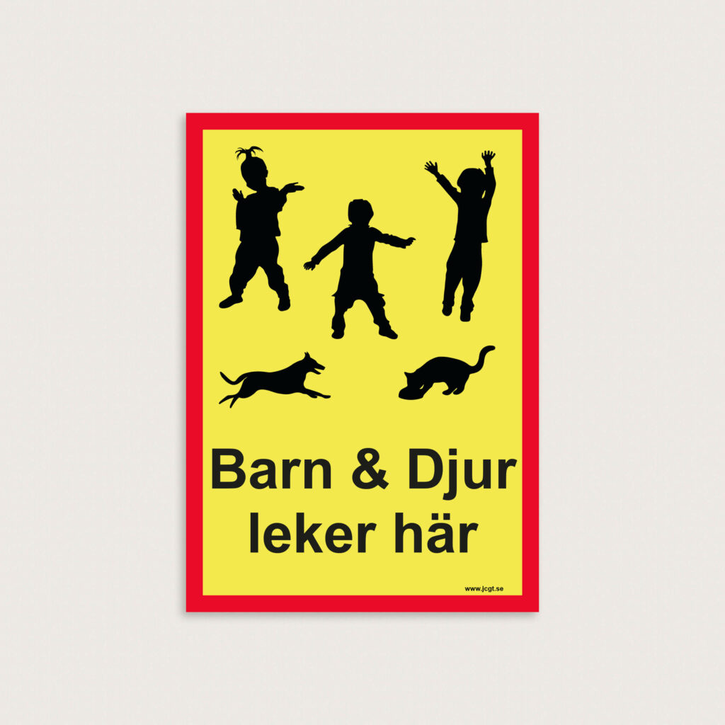 Barn och djur leker här skylt