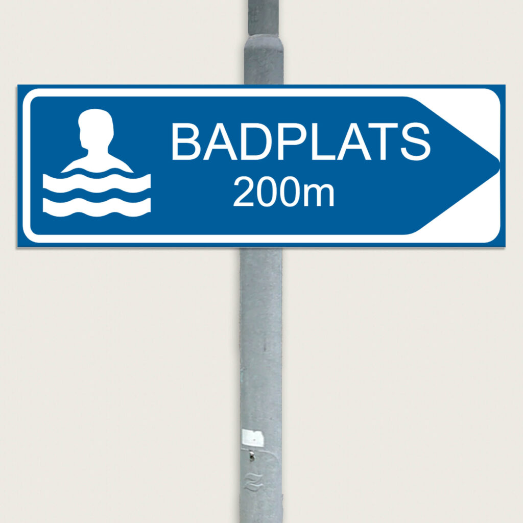 Badplatsskylt 200m i aluminium 600x200mm